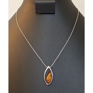 VTG Polish Gdansk Teardrop Amber 925 Sterling Pendant Snake Chain Necklace